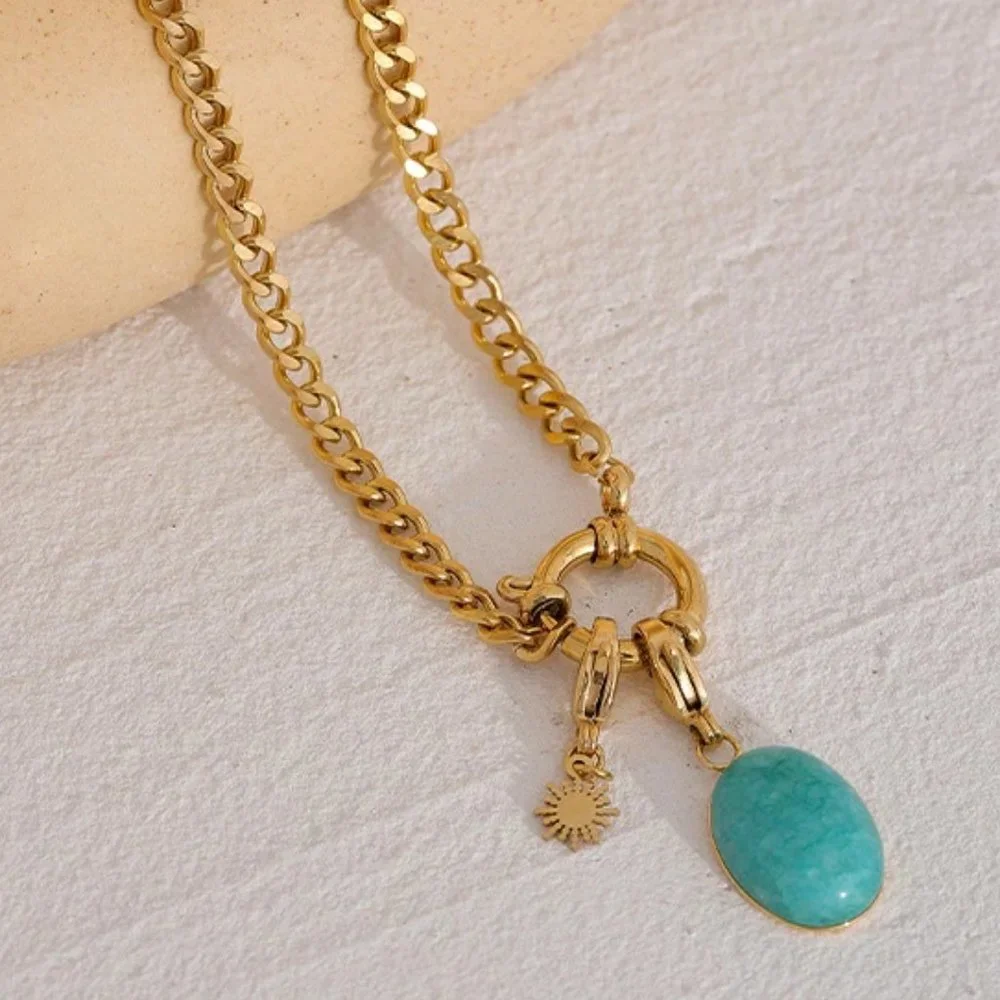 Gold Chain Necklace with Turquoise Pendant and Sun Charm
